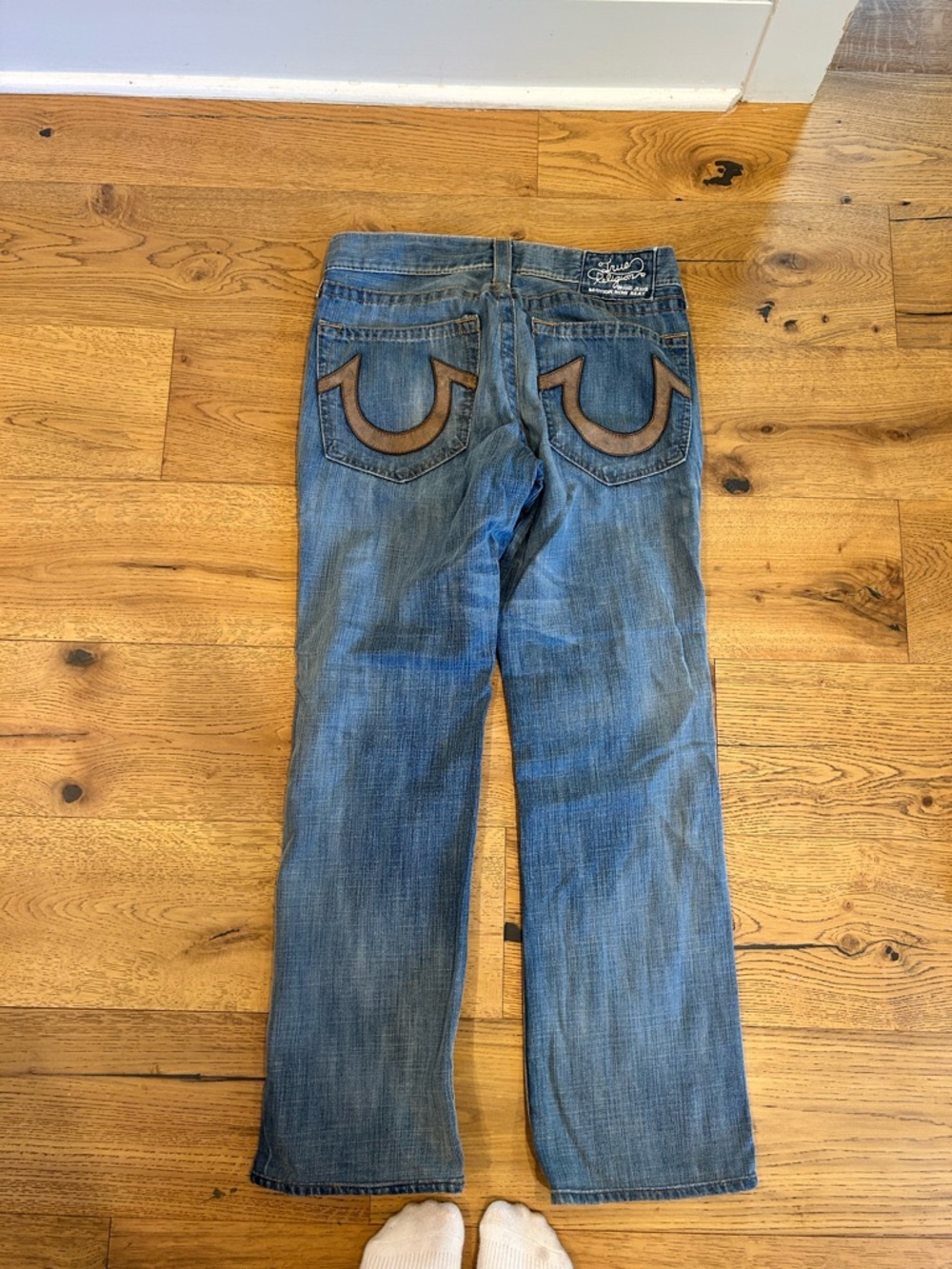 True Religion Men's Blue Straight Jeans with Brown Back Logo